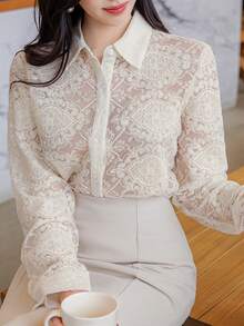 DAZY 女士纯色蕾丝纹理宽松长袖翻领优雅正式衬衫，春秋季 - 米色 - 查看 8