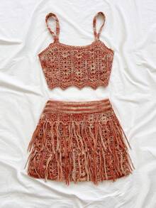 Soleia Women's Hollow Out Camisole Top And Tassel Hem Mini Skirt 2 Pieces Knit Set, Fashionable For Dates And Outings - Multicolor - View 2