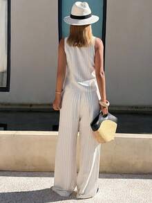 DAZY 两件套女士条纹V领背心外套和阔腿裤休闲度假夏季套装 - 杏色 - 查看 2