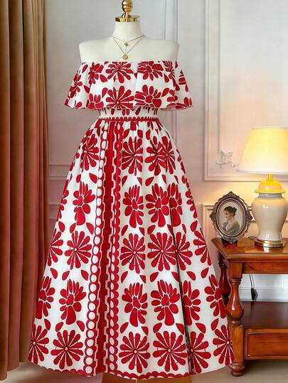 Rometta Plus Size Off Shoulder Floral Print Layered Dress, Summer