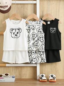 SHEIN Set de 3 piezas de ropa interior básica para bebé niño con chaleco y pantalones cortos con diseño de rayas y estampado de dibujos animados para el verano y vacaciones - Multicolor - Ver 4