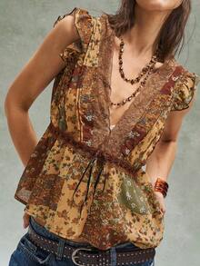 Bohemela Women's Vacation Ditsy Floral Contrast Lace V-Neck Cap Sleeve Blouse - Multicolor - View 4