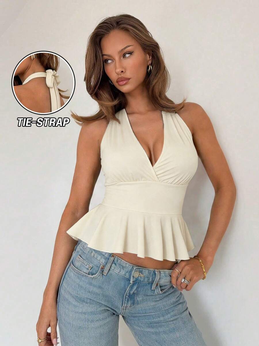 SHEIN 女款優雅深V領掛脖上衣,夏季米色無袖荷葉邊下擺收腰上衣,修身束腰設計,適合晚餐約會、音樂節 - 杏色 - 查看 1