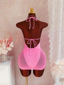 Swim Vcay Deep V-Neck Backless Elegant Solid Color Ruffle Hem Skirt, Beaded Spring/Summer Beach Bikini Swimsuit 2-Piece Set - Hot Pink - View 2