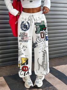 Rovax Women's Graffiti Graphic Digital Print Elastic Waist Casual Pants - Multicolor - View 1