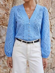 Maija 女士纯色镂空长袖衬衫 - 藍色 - 查看 3