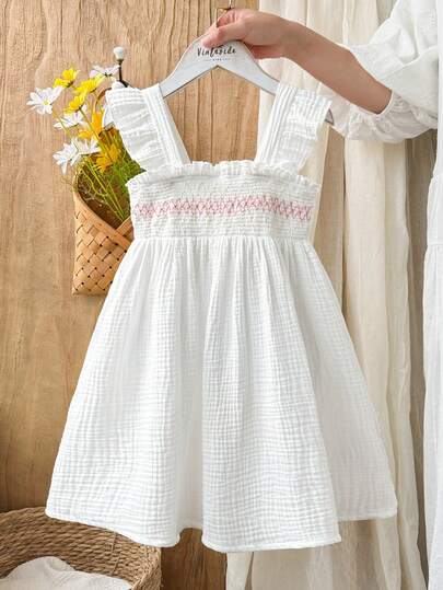 SHEIN Vintaside Kids 1pc Young Girls Summer Dresses  New Off Shoulder Ruffle Hem Sleeveless  With Bow Design, Squishy Fabric Cute & Sweet Casual Dress For Beach, Vacation White Dress