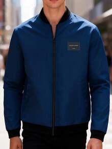 Manfinity Homme Men's Casual Everyday Commute Versatile Letter Graphic Zip-Up Baseball Jacket - Navy Blue - View 3