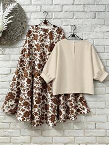 EMERY ROSE Bộ đồ nữ cỡ lớn kiểu vintage gồm áo sơ mi và chân váy midi in hoa bằng vải lanh dành cho kỳ nghỉ. - Màu be - Xem 1