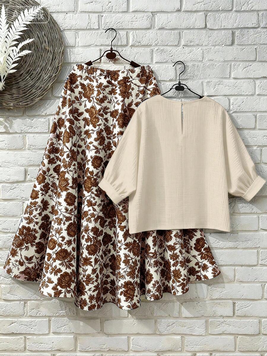 EMERY ROSE Bộ đồ nữ cỡ lớn kiểu vintage gồm áo sơ mi và chân váy midi in hoa bằng vải lanh dành cho kỳ nghỉ. - Màu be - Xem 1