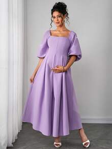 Momance Elegant Maternity Square Neck Faux Pearl Embellished Long Dress - Purple - View 5