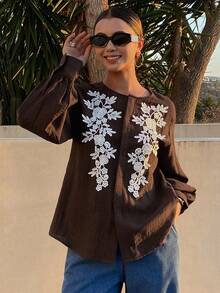 DAZY Áo kiểu nữ cổ tròn phối màu ren, thích hợp mặc đi nghỉ mát mùa xuân/hè. - Cà phê nâu - Xem 3