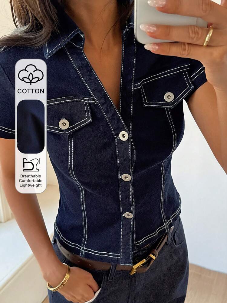 Women's Slim Fit Denim Jacket, Casual Street Style V-Neck Large Pocket Decoration Metal Button Short Shirt Top, Suitable For Summer And Spring