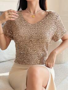 DAZY Women's Casual Sequin Embellished T-Shirt, Summer - Khaki - View 5