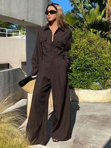 Livesso Women's Loose Business Casual Lightweight Jumpsuit With Large Pockets, Brown, Suitable For Office, Street Wear, Spring/Summer - Brown - View 3