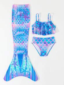 SHEIN GraphicGems 女孩美人鱼比基尼套装，三件套针织美人鱼尾泳衣，时尚休闲优雅泳装，适合游泳、夏季度假、海滩、泳池、节日派对 - 紫色 - 查看 6