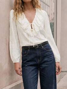 Maija Women's Off White Elegant Autumn V-Neck Long Sleeve Ruffle Tie Loose Casual Shirt Western Blouse,Brunch Vacation Beach Summer Holiday Outfits - Apricot - View 7