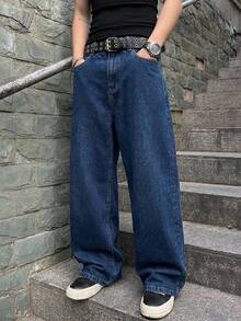 ROMWE MEN Street Life Men's Casual Washed Cross Embroidered Denim Jeans - Blue - View 3