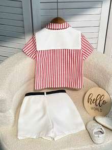 3件套男宝宝学院风可爱百搭条纹短袖衬衫、短裤和披肩绅士套装 - 紅色 - 查看 11