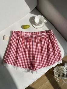 Comfortcana Quần short cỡ lớn kẻ caro nâu cổ điển, kiểu dáng thường ngày. - Đỏ - Xem 4