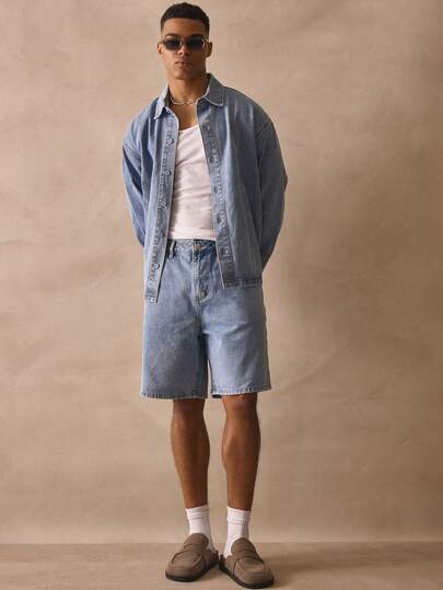 Musero Long Line Denim Jort Style Basic Washed Shorts Button Fastening Details