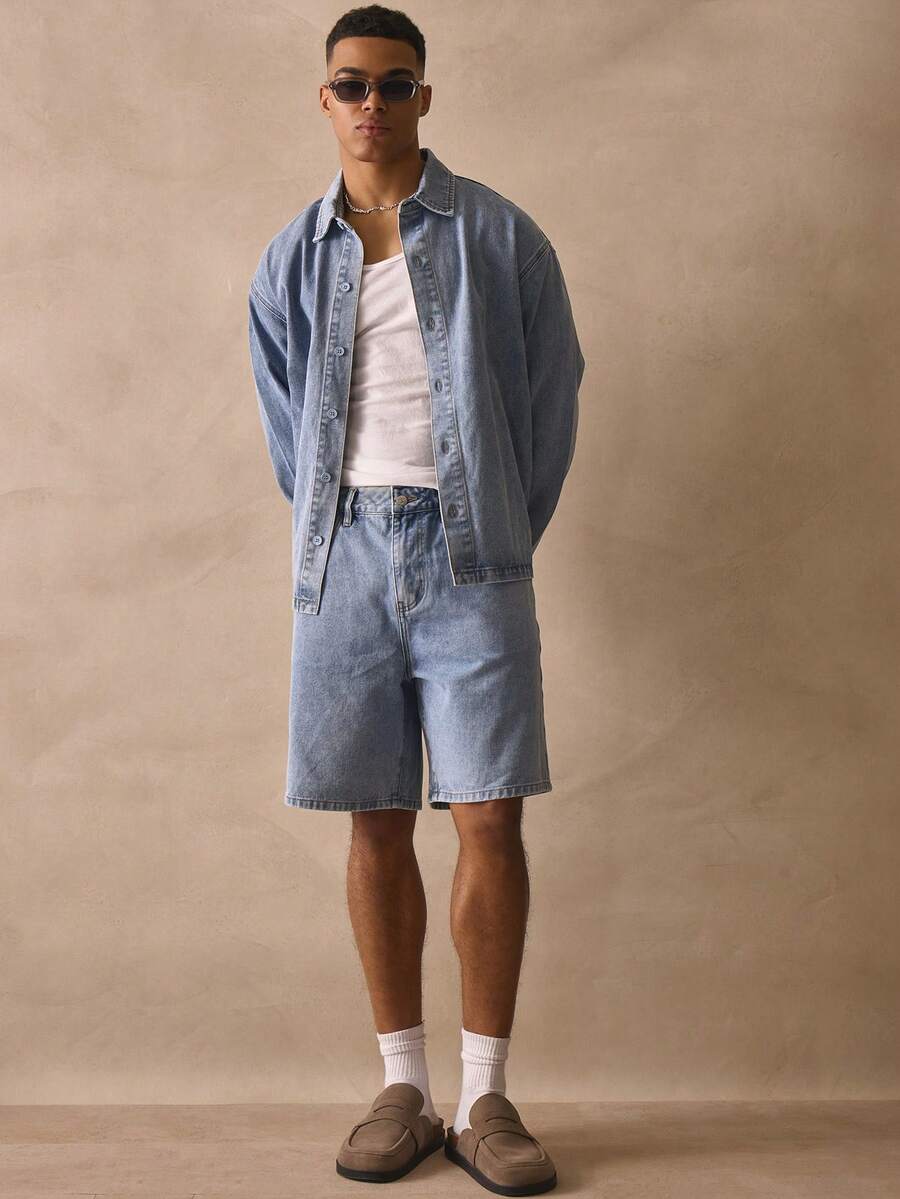 Musero Pantalones cortos básicos de mezclilla con lavado, estilo jort, con detalles de abotonadura - Lavado ligero - Ver 1