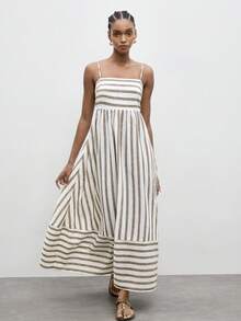 Maija Women's Sleeveless Striped Midi Dress,White And Brown,Summer,Casual,Vacation Beach Outfit,Elegant Easter Dress,Fashionable Spring Holiday Outfits - Apricot - View 3