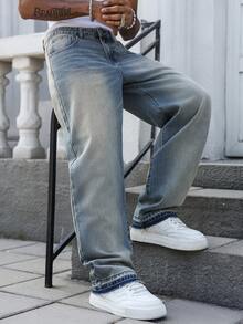 Manfinity EMRG Quần jeans nam dáng suông, thiết kế tối giản, phong cách vintage, kiểu dáng thường ngày, chất liệu wash nhẹ. - Rửa trung bình - Xem 4