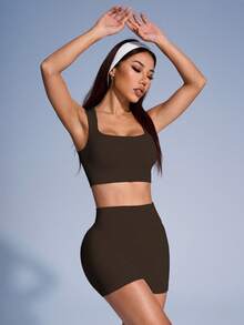 Dewbera Dewbera Women Solid Color Ribbed Sports Bra And Shorts Set - Mocha Brown - View 4