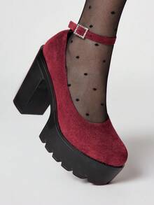 ROMWE Giày Mary Jane nữ bít mũi, quai chéo, kiểu Punk Goth, đế dày, quai cài, giày công sở chống thấm nước. - Vải đỏ rượu - - Xem 3