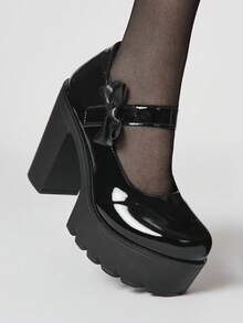 ROMWE Kawaii 女士高跟鞋 暗黑摇滚朋克哥特风 闭趾玛丽珍鞋 小号皮鞋 Y2K派对礼服鞋 厚底乐福鞋 - 黑色亮皮蝴蝶結 - 查看 3