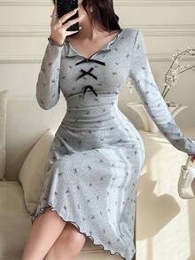 Feyla Women's Bow Print Long Sleeve Casual Fashion Dress - Light Grey - View 2