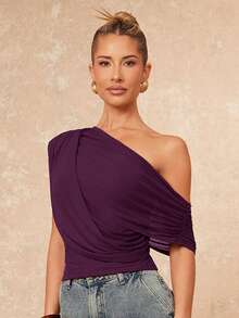 Lumalex 秋冬高端女装休闲日常通勤优雅纯色腰部不对称肩部褶皱上衣 - 紫色 - 查看 6