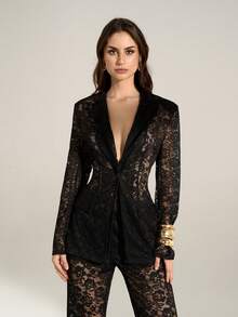 SHEIN Tall Fall Women's Clothing, Commuter Fashion, Fall Women's Clothing, Fall Essentials, Women's Lapel, Long-Sleeved Lace See-Through Slim Fit, Elegant Black Blazer, Women's Lace Jacket, Women's Black Blazer - Black - View 7