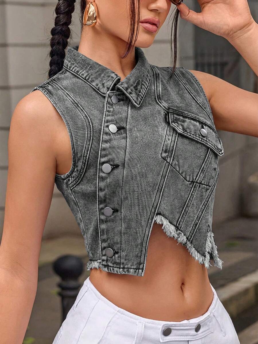 Rivivi Women's Solid Color Frayed Hem Asymmetric Hem Sleeveless Denim Vest - Grey - View 1