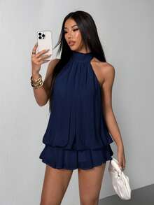 SHEIN PETITE Women's Elegant Beige Halter Tie Mini Dress - Navy Blue - View 7