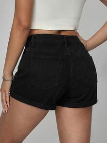 SHEIN PETITE Shorts vaqueros casuales con estampado de cerezas para mujer - Negro - Ver 2