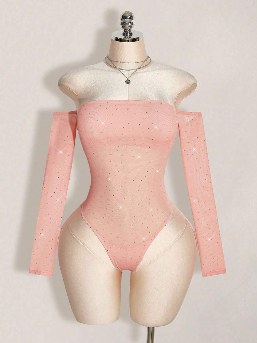 SHEIN ICON 女士纯色水钻装饰露肩长袖连体衣 - 粉色 - 查看 1