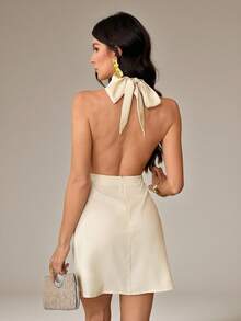 SHEIN Tall Vestido mini plisado con espalda descubierta y lazo en color albaricoque para mujer - Albaricoque - Ver 2