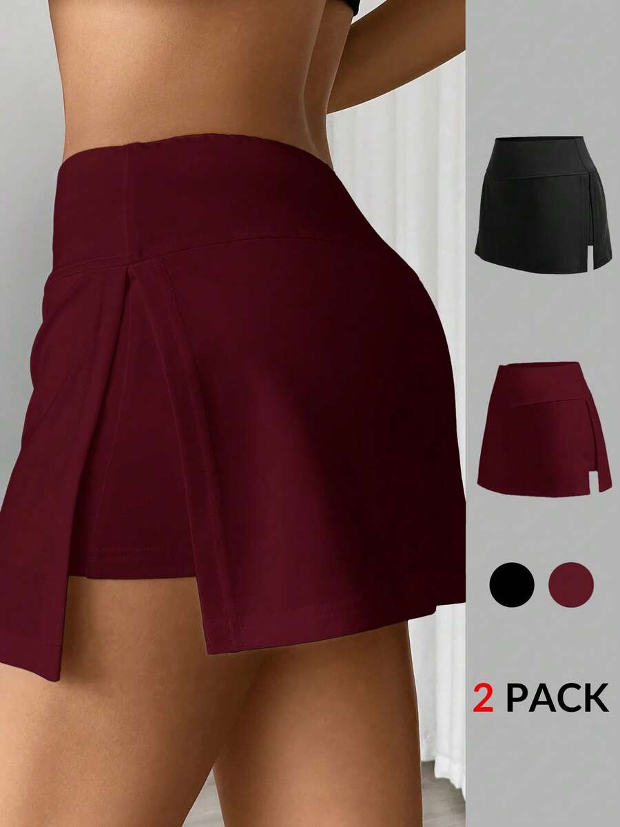 SHEIN EZwear 2件套女士黑色和酒红色针织休闲运动裙裤,夏季短裙,女士短裤内衬裙裤,网球裙,2条装短裙,女士短裙,女士网球裙,运动裙,女士短裙 - 酒紅色 - 查看 1
