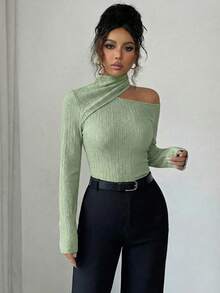 Modelyn Áo thun nữ dài tay dáng ôm, cổ lệch, chất liệu vải dệt họa tiết, thích hợp cho mùa thu/đông. - màu xanh lá - Xem 4