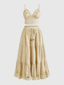 ROMWE Country Vintage Hippie Sun Moon Star Embroidered Camisole Top And Maxi Skirt Plus Size 2-Piece Set - Apricot - View 1