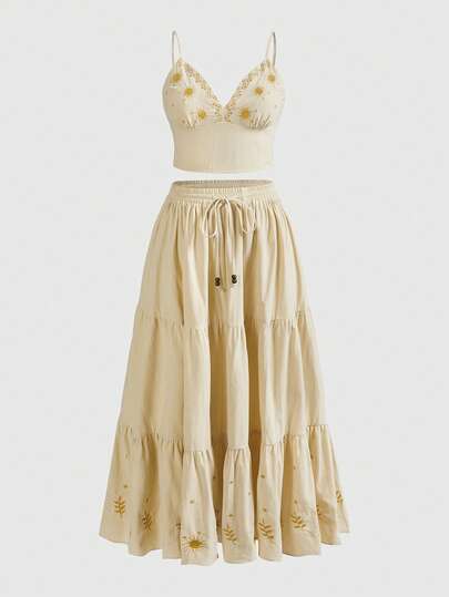 ROMWE Vintage Hippie Sun Moon Star Embroidered Camisole Top And Maxi Skirt Plus Size 2-Piece Set