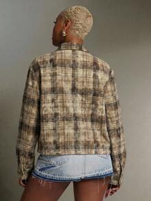 Denimoi Women's Plaid Long Sleeve Deep V-Neck Sexy Shirt With Double Side Slits - Brown - View 4