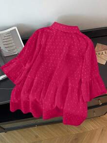 GlowEve CURVE Plus Size Solid Color Front Button Ruffle Hem Casual Versatile Shirt - Hot Pink - View 2