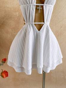 Soleia Women's White Hollow Lace-Up Metal Decor Halter A-Line Mini Dress,Retro 70s Party Club Summer Beach Vacation Outfits,Music Festival Resort Wear - White - View 5