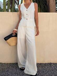 DAZY 两件套女士条纹V领背心外套和阔腿裤休闲度假夏季套装 - 杏色 - 查看 6