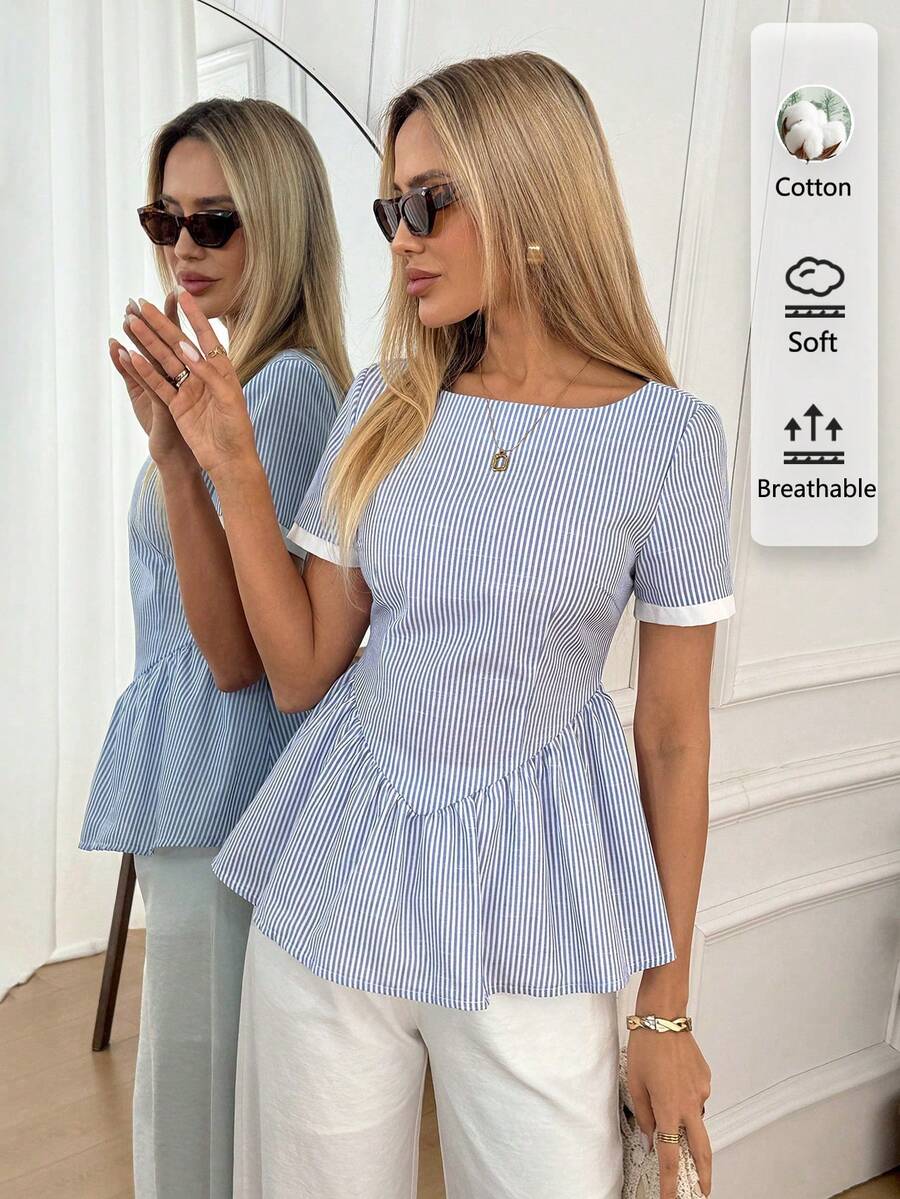 Easowa 女士休闲度假通勤条纹印花荷叶边上衣，夏季度假女装，休闲棉质优雅蓝色上衣，荷叶边夏季上衣，蓝白相间上衣，女士夏季荷叶边上衣，女士夏季棉质上衣 - 藍白色 - 查看 1
