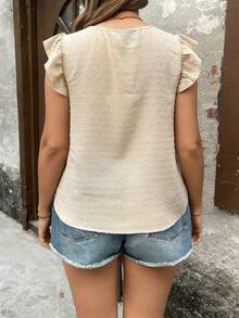 Breezaya 女士优雅休闲短袖圆领波点镂空衬衫 - 杏色 - 查看 2