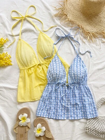 Soleia 2 piezas Camiseta sin espalda con escote en V y tirantes con estampado de leopardo sexy, adecuada para vacaciones, citas, té de la tarde, vacaciones, festivales de música, estilo bohemio